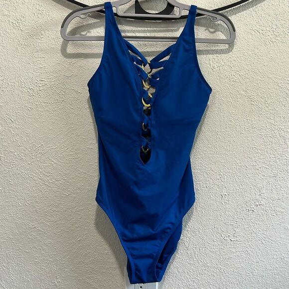 BLEU ROD BEATTIE RING ME UP BLUE & GOLD PLUNGE ONE-PIECE SWIMSUIT, size 4 - Picture 3 of 8